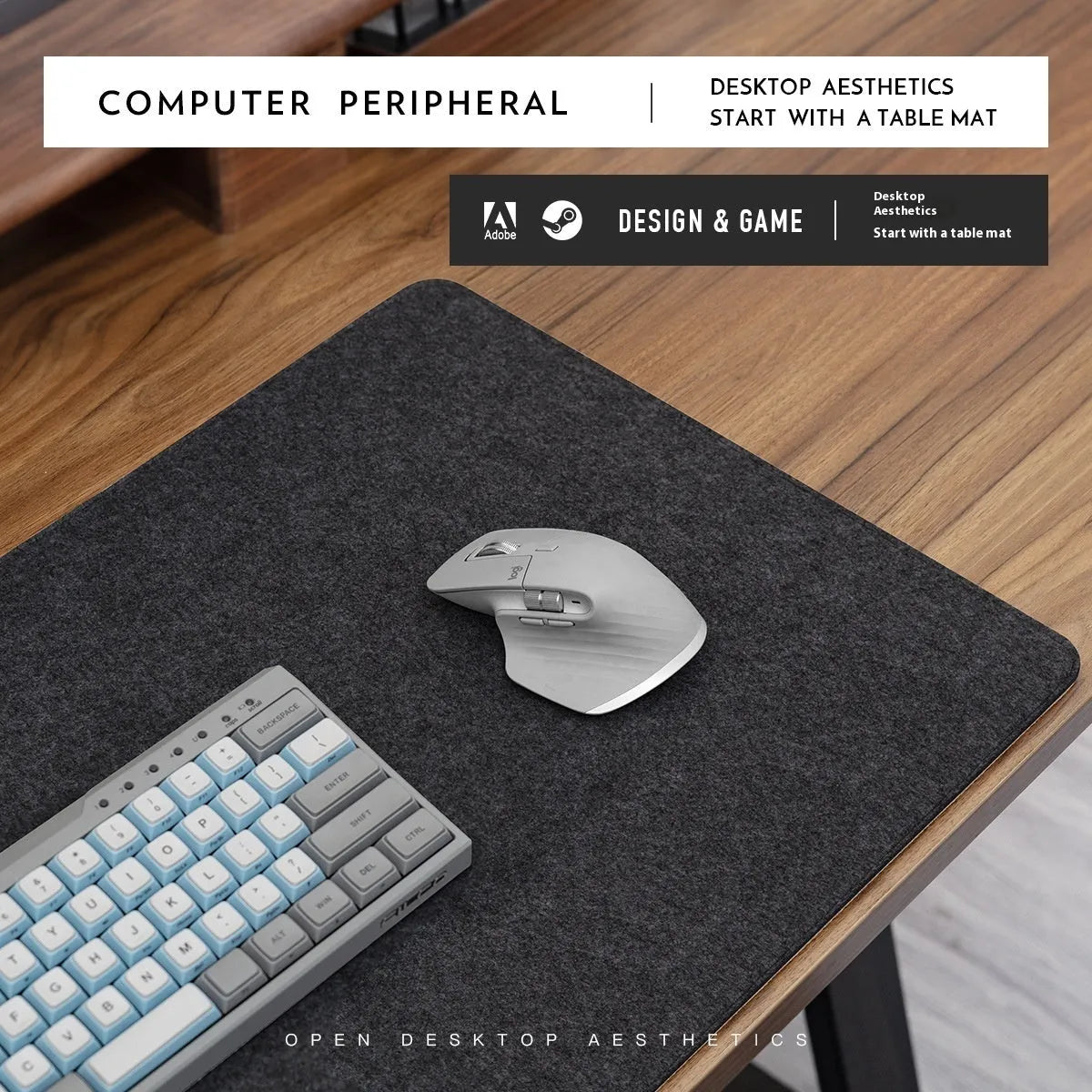 Oversized grey felt cork desk mat with minimalist design on a wooden desk
