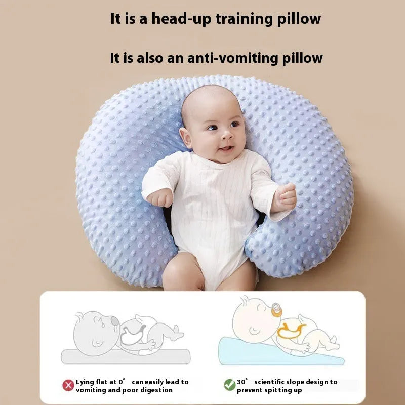 Multifunctional nursing pillow with grey, blue, pink, and yellow pillowcase covers for breastfeeding support.