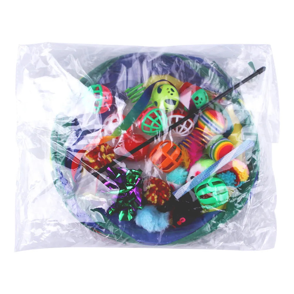 Plastic cat toy channel maze set with coloured accessories for feline play