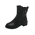 Black women's ankle boots with a round toe, side zip, and a low rubber sole.