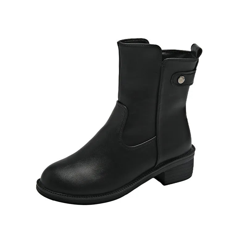 Black women's ankle boots with a round toe, side zip, and a low rubber sole.