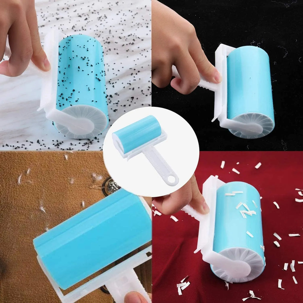 Washable reusable lint roller for pet hair removal in blue, green, pink, or yellow with cover.