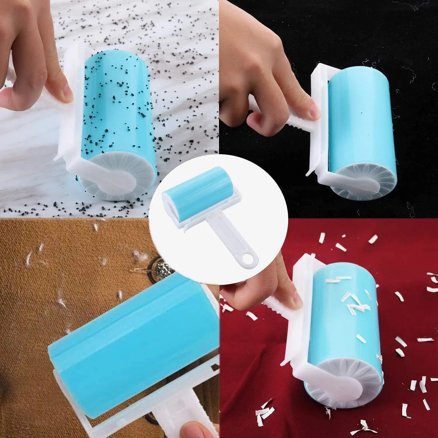 Washable reusable lint roller for pet hair removal in blue, green, pink, or yellow with cover.