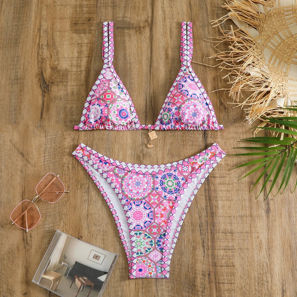 Retro four-colour printed women's bikini swimwear in briefs style.