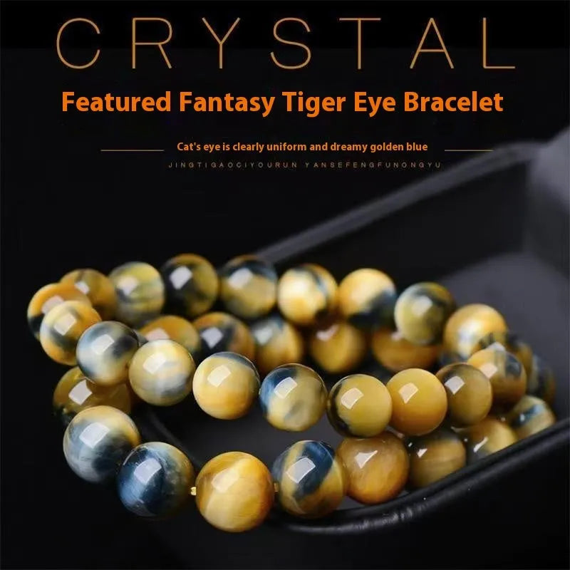 Fantasy Tiger Eye agate beaded bracelet with round beads, shown in unisex design.