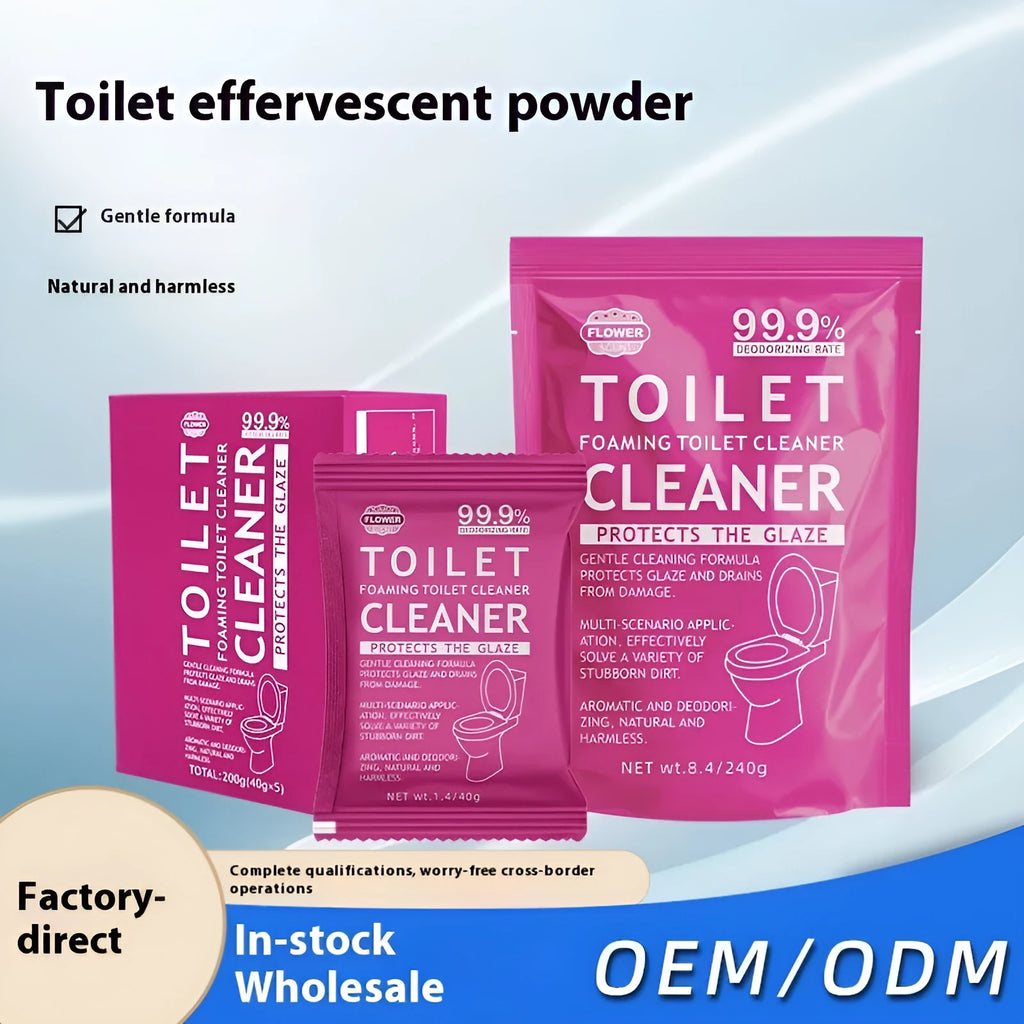 Toilet bubble powder descaler in blue ocean or pink floral fragrance, boxed 5x40g bags or 240g large bag.