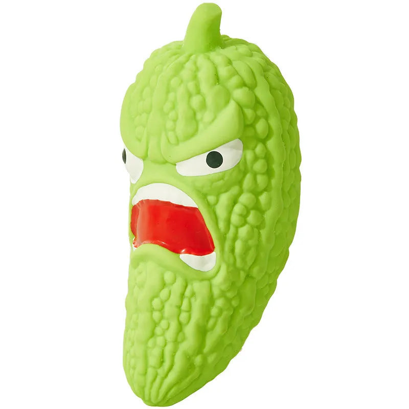 Bitter melon and chilli shaped dog toy with textured teeth cleaning surfaces and sound effects