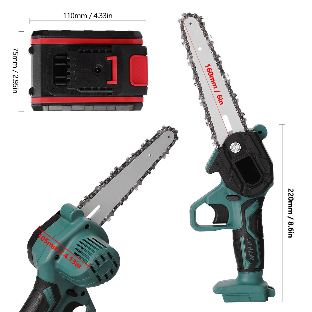 Black mini electric chainsaw with green accents, showing compact one-hand design and 4-inch cutting bar