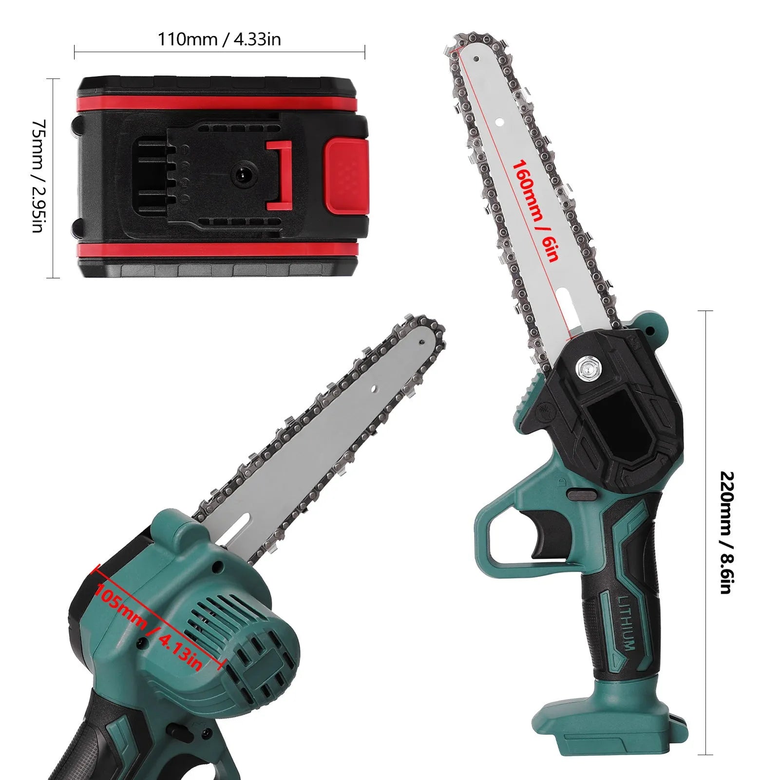 Black mini electric chainsaw with green accents, showing compact one-hand design and 4-inch cutting bar