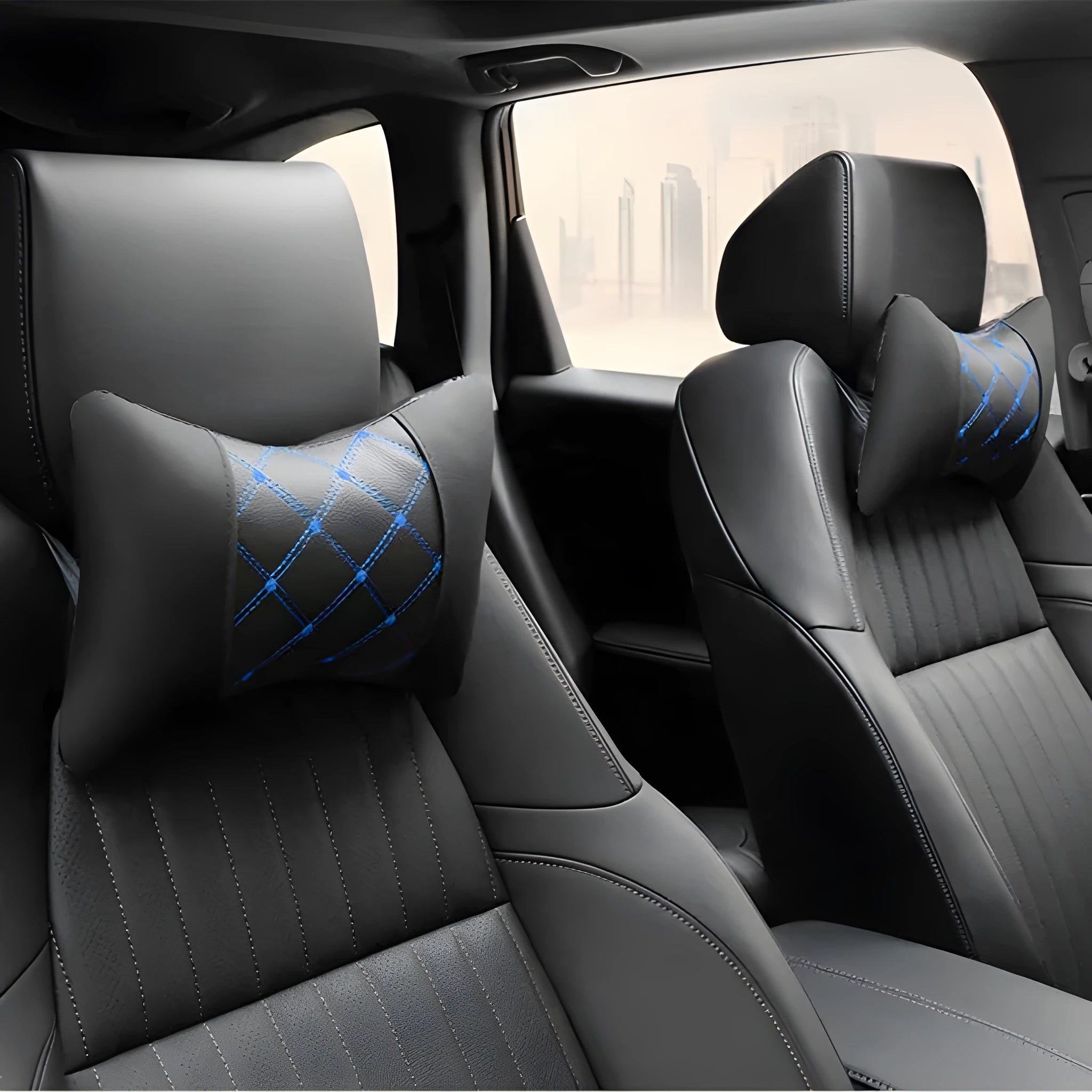 Black leather quilted car headrest pillow for neck support with diamond pattern stitching.