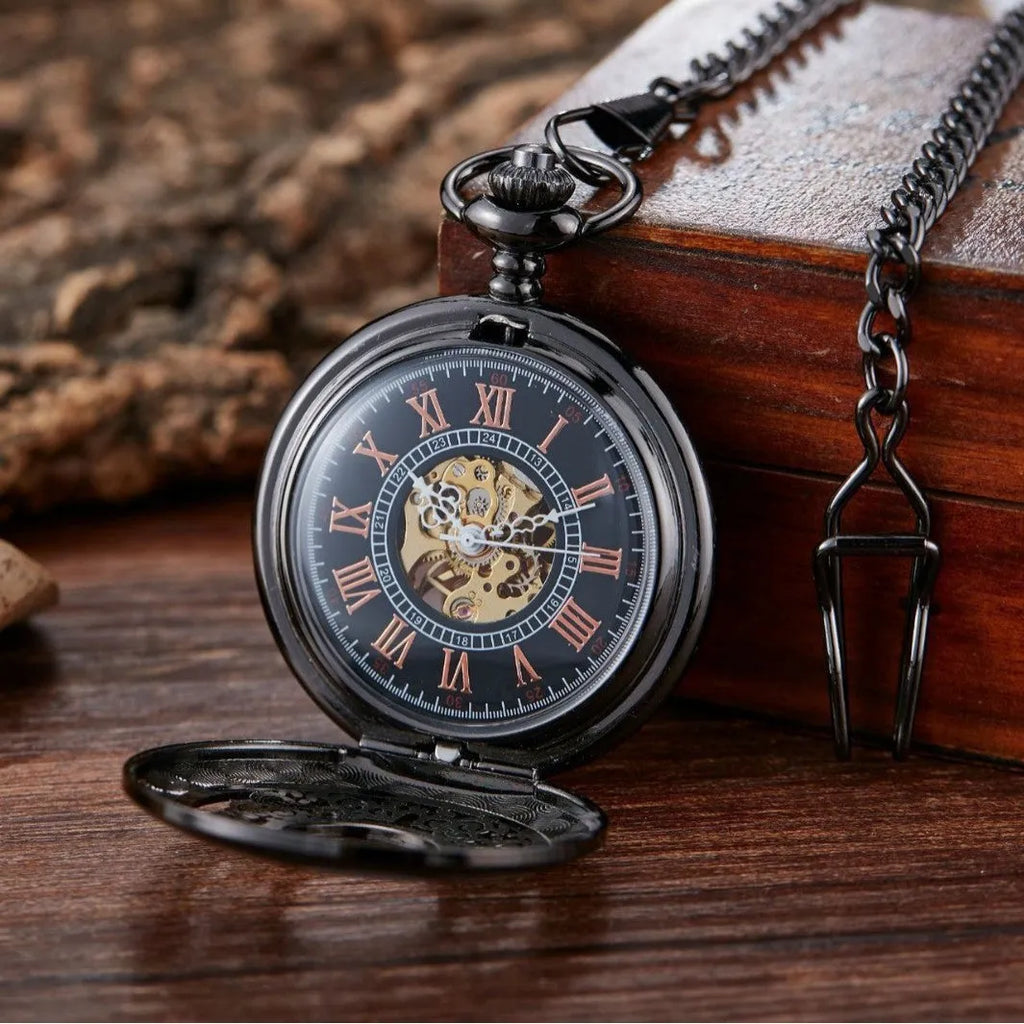 Retro floral print automatic mechanical pocket watch with transparent case back and alloy construction