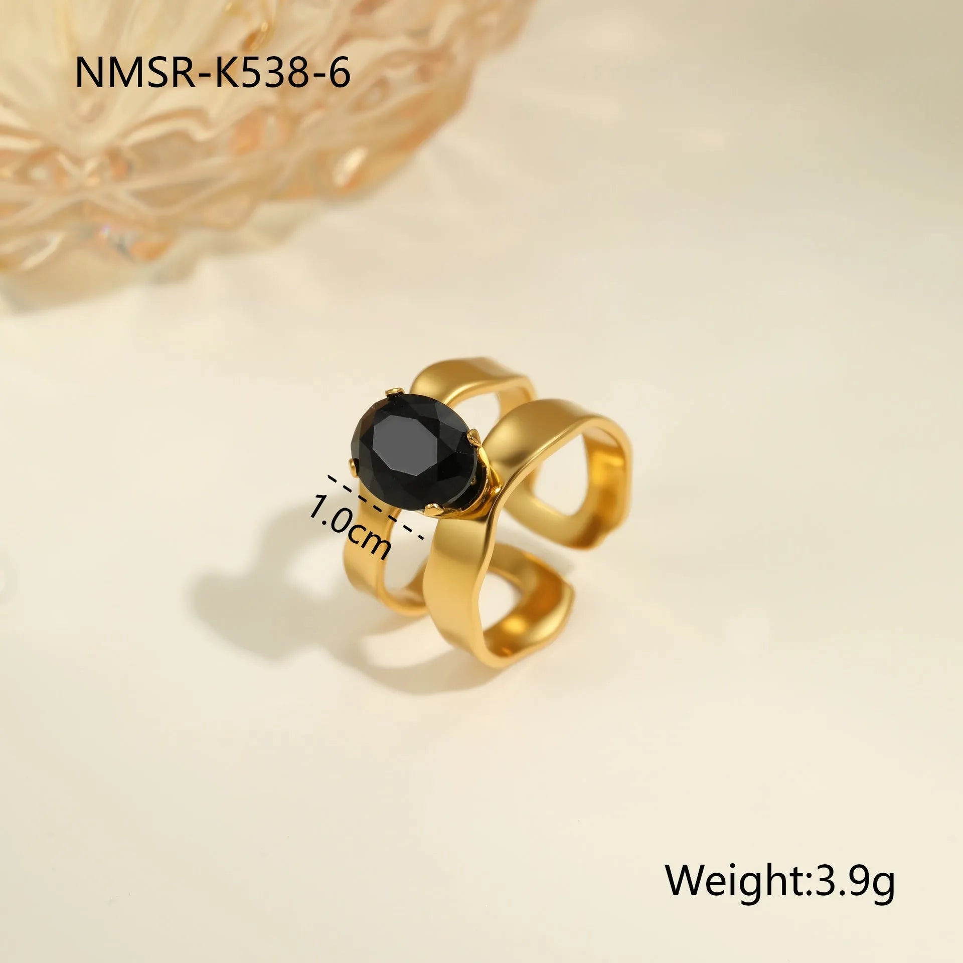Open mouth adjustable titanium steel ring with geometric design and inlaid zircon details