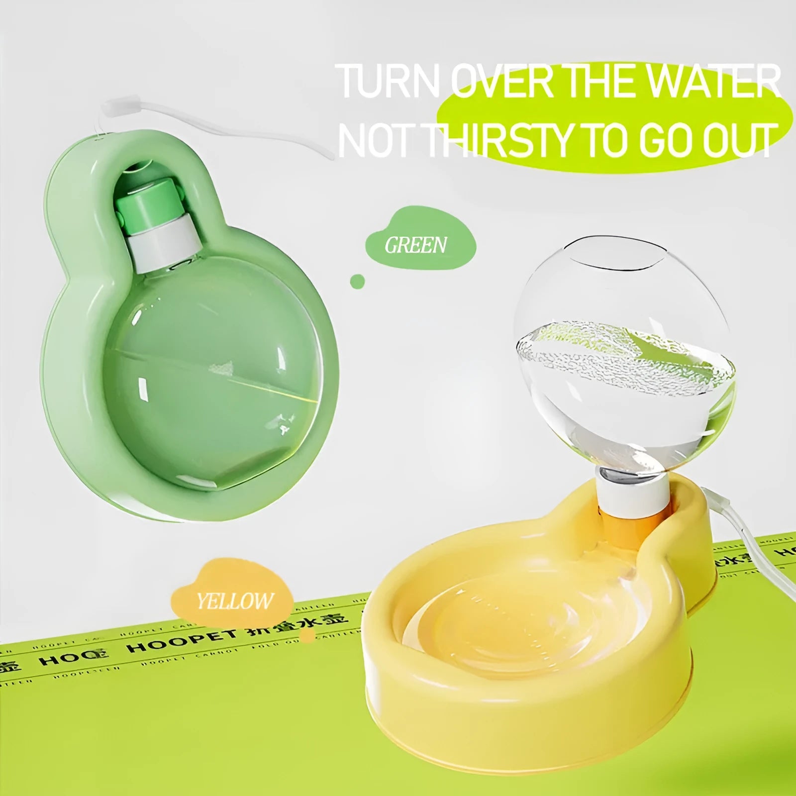 Green portable dog travel water bottle with integrated drinking bowl dispenser.