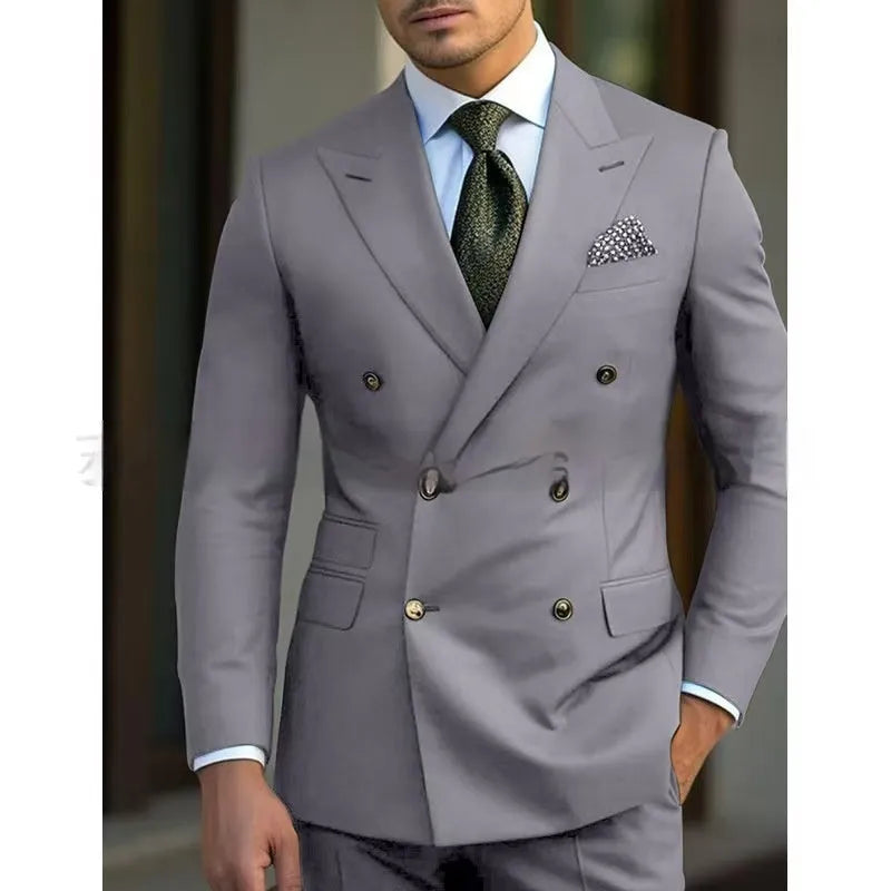 Men's light business two-piece suit jacket and trousers in a cotton blend fabric.