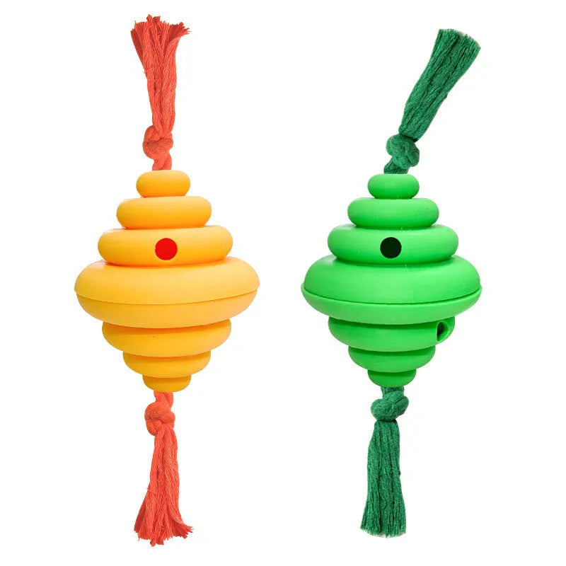 Green and yellow silicone dog ball with rope knot, showing spiral design for treat dispensing.
