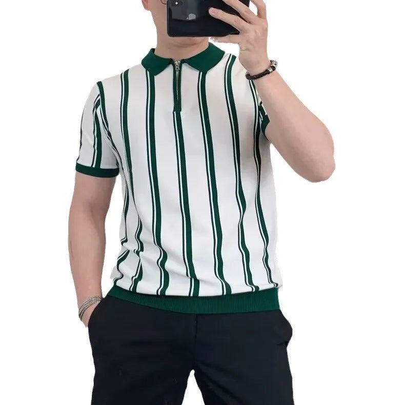 Korean style vintage stripe men's t-shirt with personality zipper detail in black and white colour options