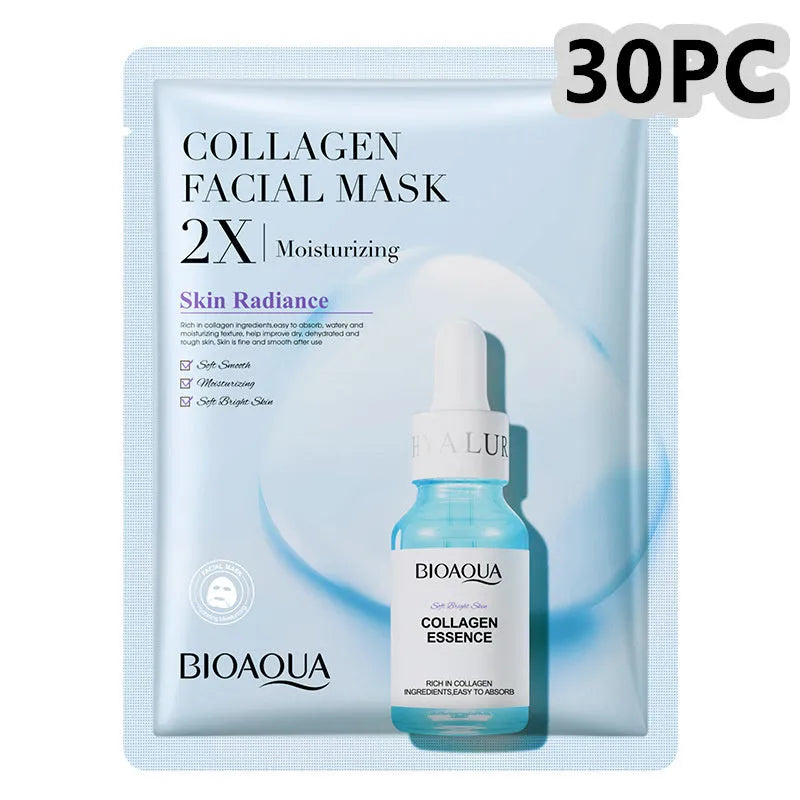 Single collagen hyaluronic acid facial sheet mask with 30g gel serum, shown on white background