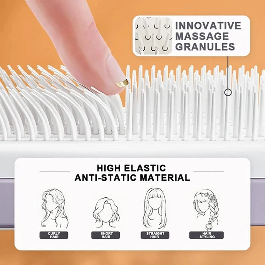 Purple self-cleaning hairbrush with rotating handle and anti-static massage comb teeth