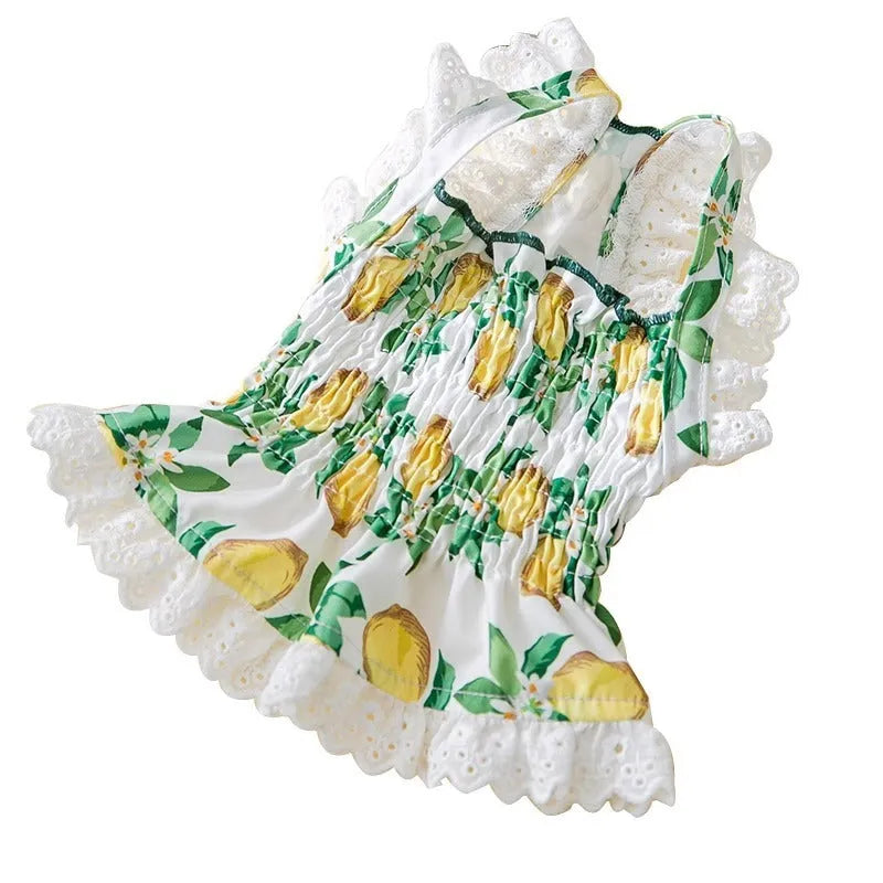 Rock yellow lemon polyester strap skirt dog dress for small dogs with breathable thin material