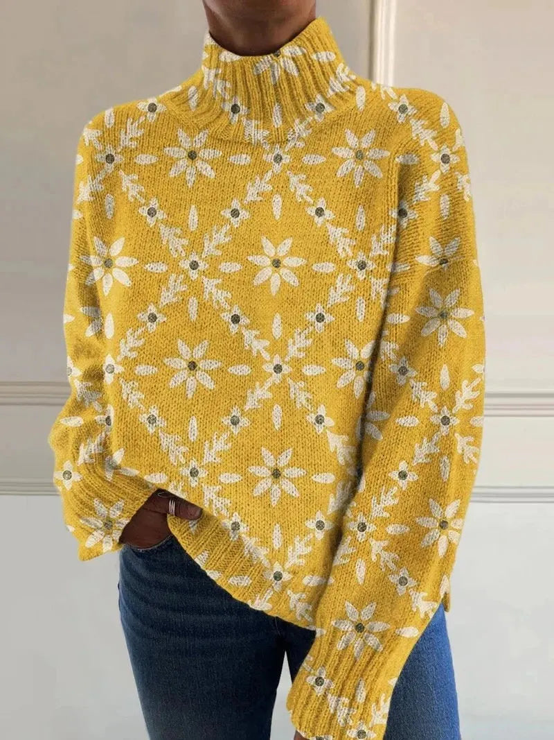 Women's loose fit Christmas printed turtleneck sweater in macaron colours with painting pattern design