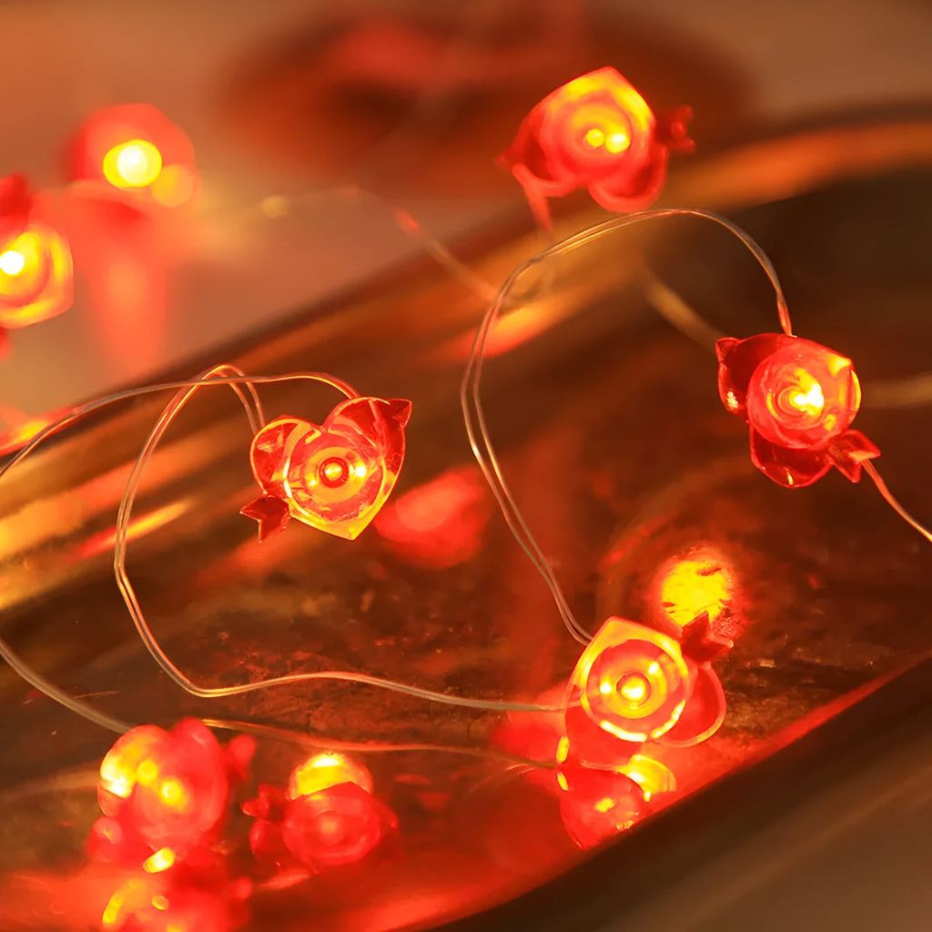 Heart-shaped LED copper wire string lights for Valentine's Day trunk proposal display