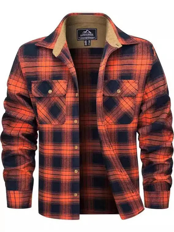 Man wearing a long-sleeved plaid flannel shirt in a cardigan style with a button-up front.