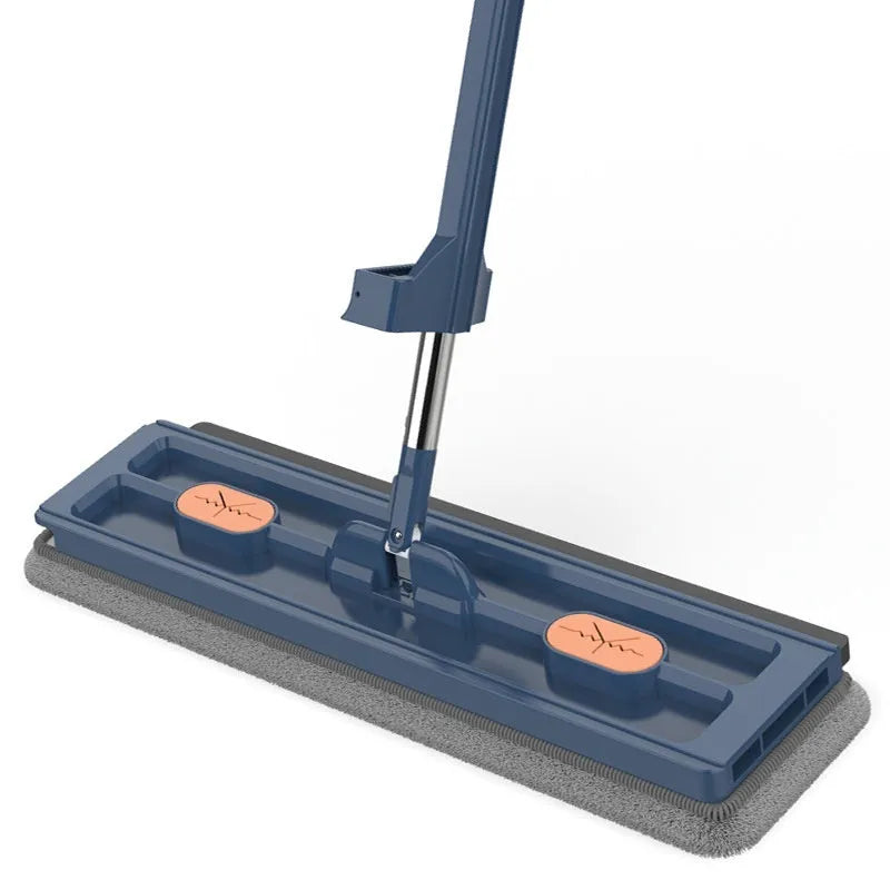 Large flat mop with stainless steel handle and blue cleaning cloths showing 360-degree rotating head