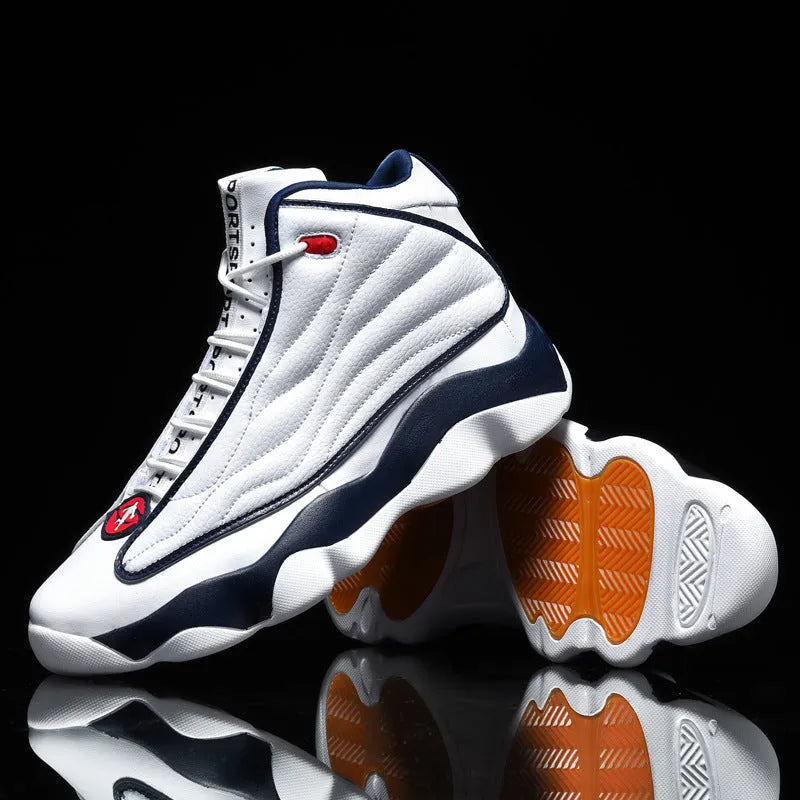 Men's high-top basketball shoes with mesh upper and thick rubber sole in AJ13 colour options.