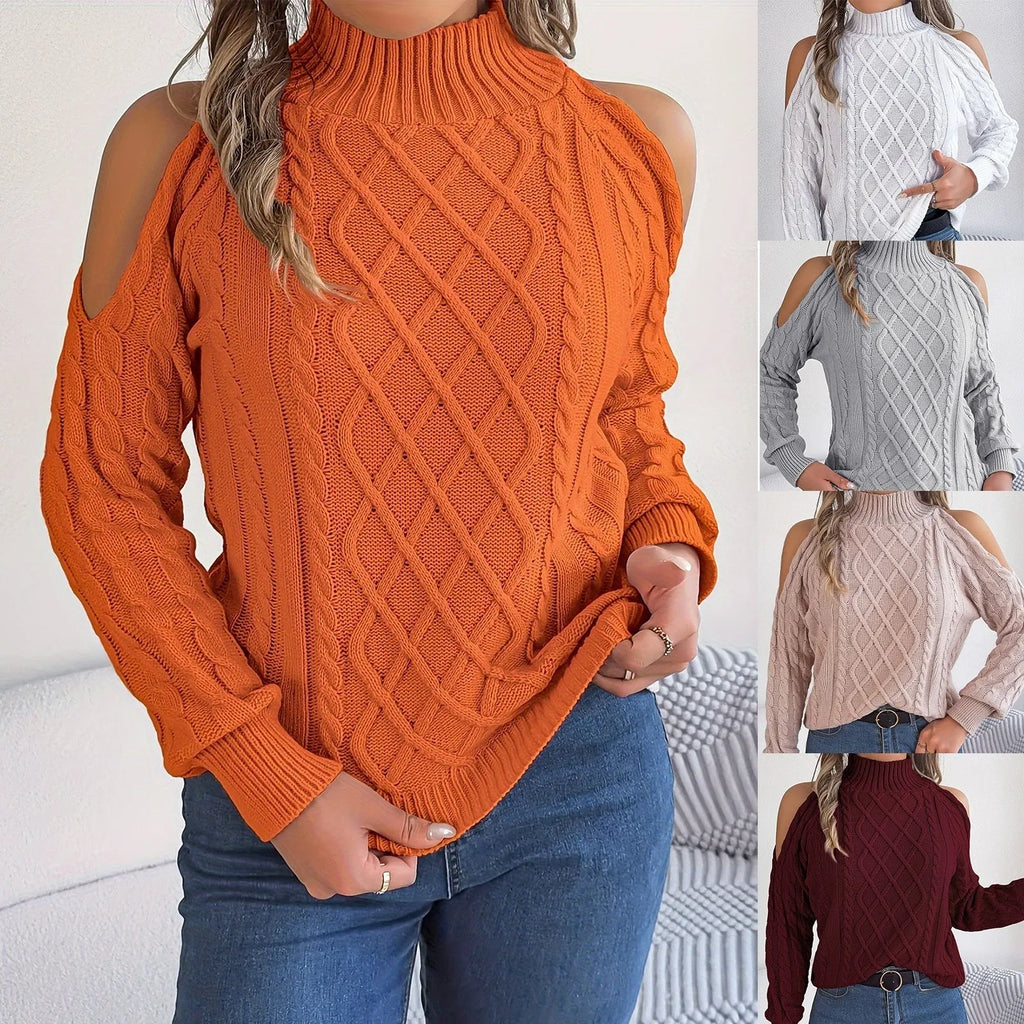 Women's strapless sweater with twisted pattern, half-high collar and lantern sleeves in acrylic fabric