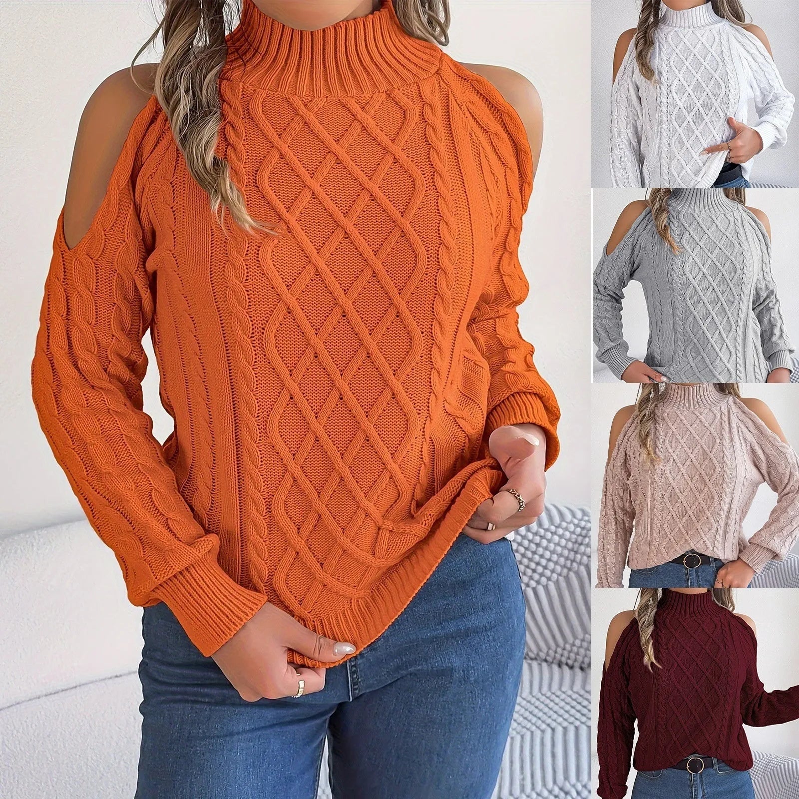 Women's strapless sweater with twisted pattern, half-high collar and lantern sleeves in acrylic fabric
