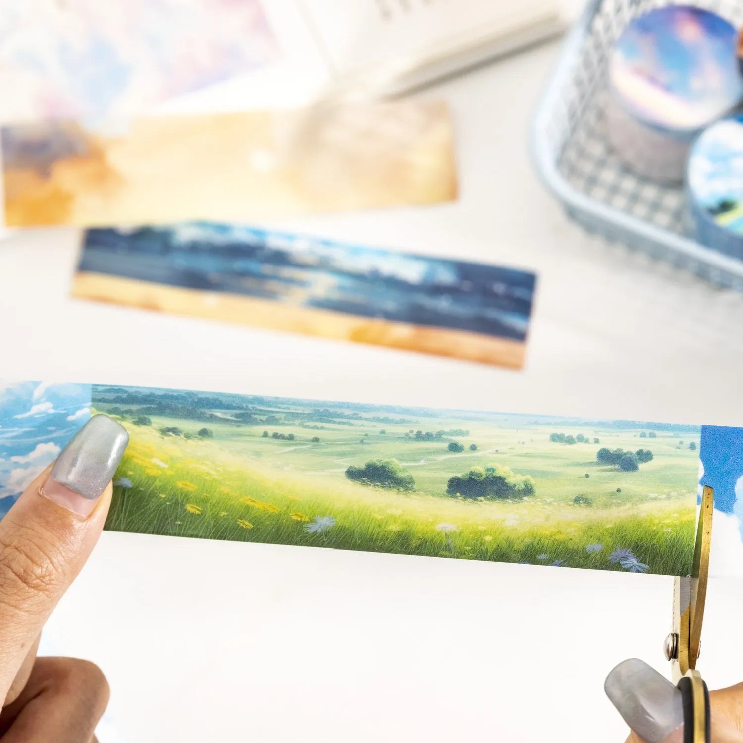 Japanese paper washi tape roll with sky theme designs including colourful clouds and twilight patterns