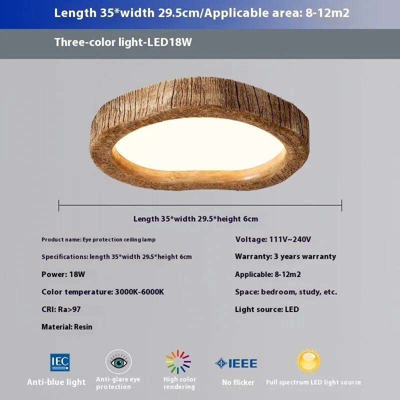Round wood grain finish ceiling lamp in new Chinese style, flush mounted on a white ceiling.
