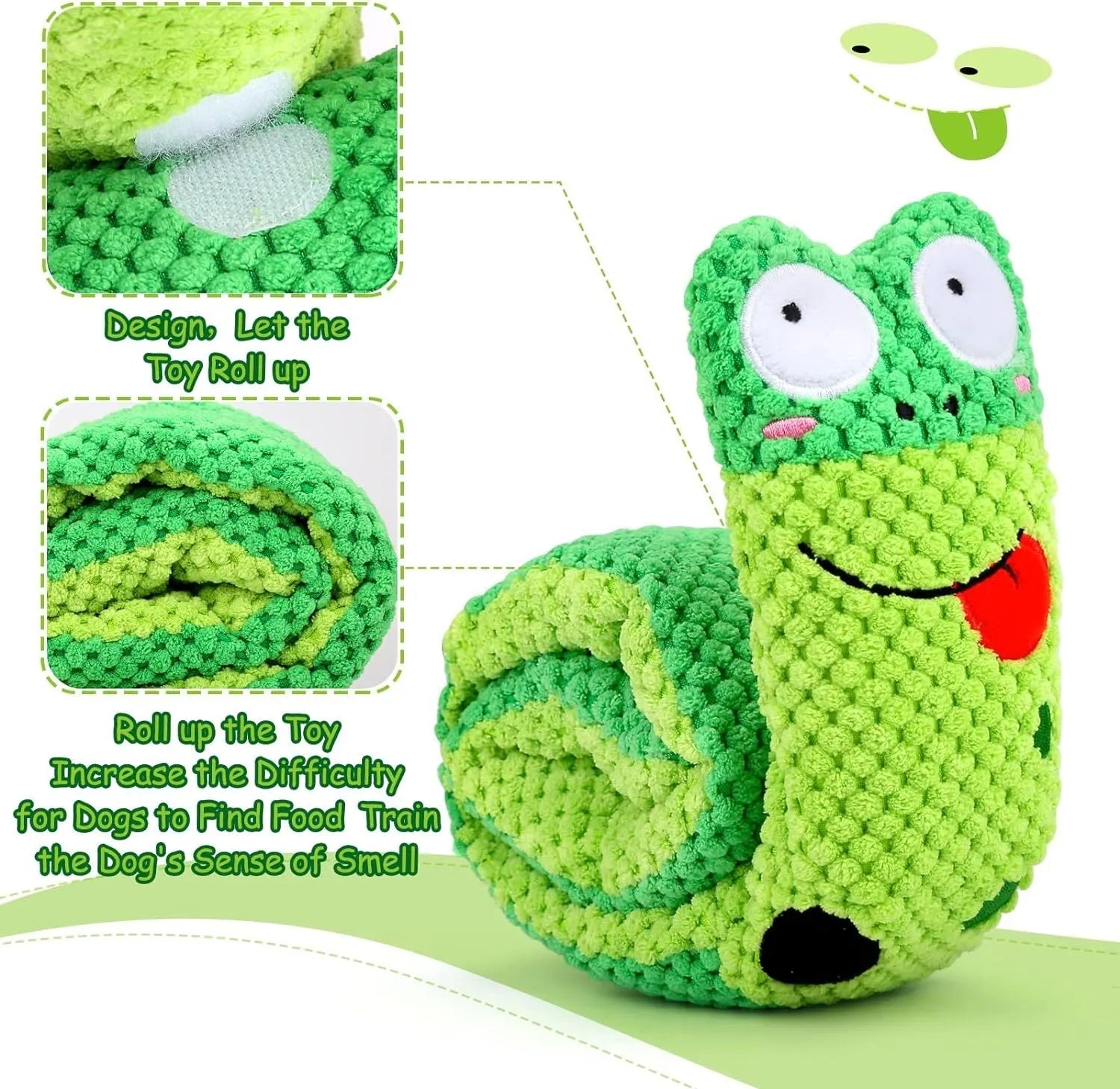 Squeak dog puzzle toy shaped like snail with velvet material and hidden food holes