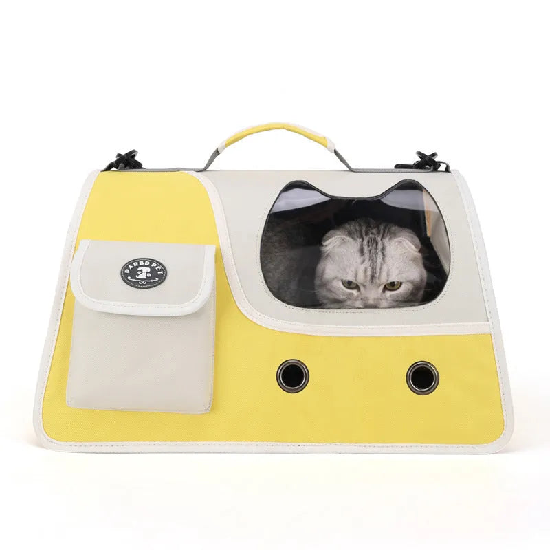 Convenient outing pet backpack in Oxford cloth with crossbody strap, available in yellow green and black, large capacity for cats and small dogs