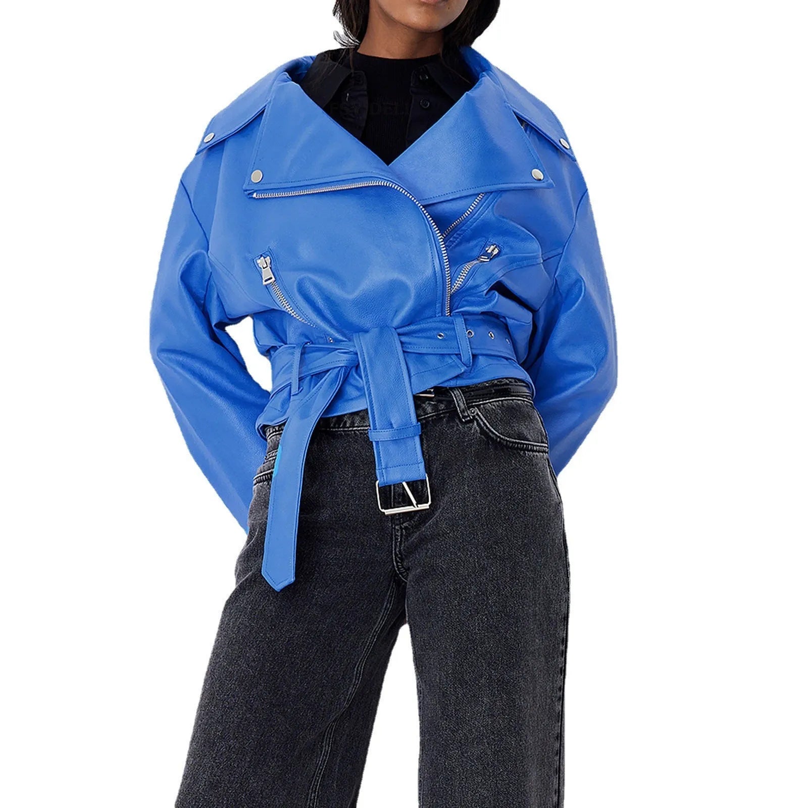 Black punk short belt lapel locomotive style jacket with Peter Pan collar and drawstring detail in polyester fibre