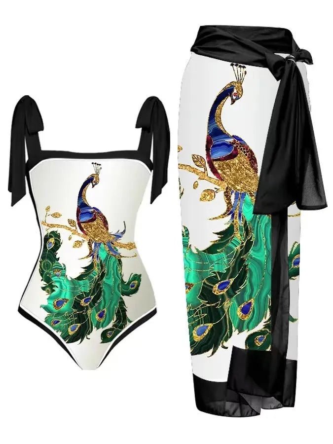 Women's two-piece floral printed polyester swimsuit with matching hip skirt in conservative style