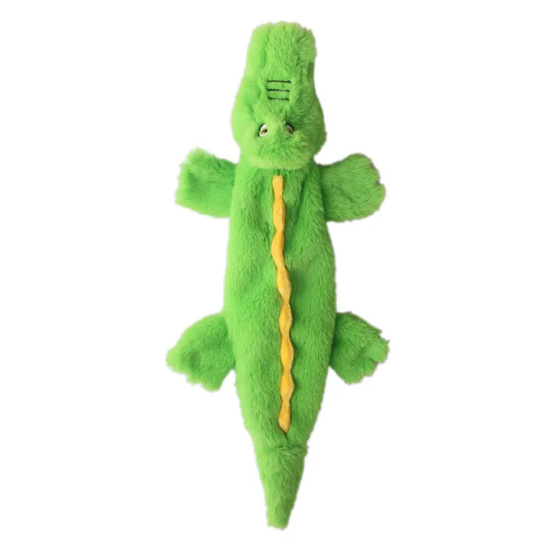 Green crocodile plush dog toy with stuffing-free design for aggressive chewers measuring 20cm