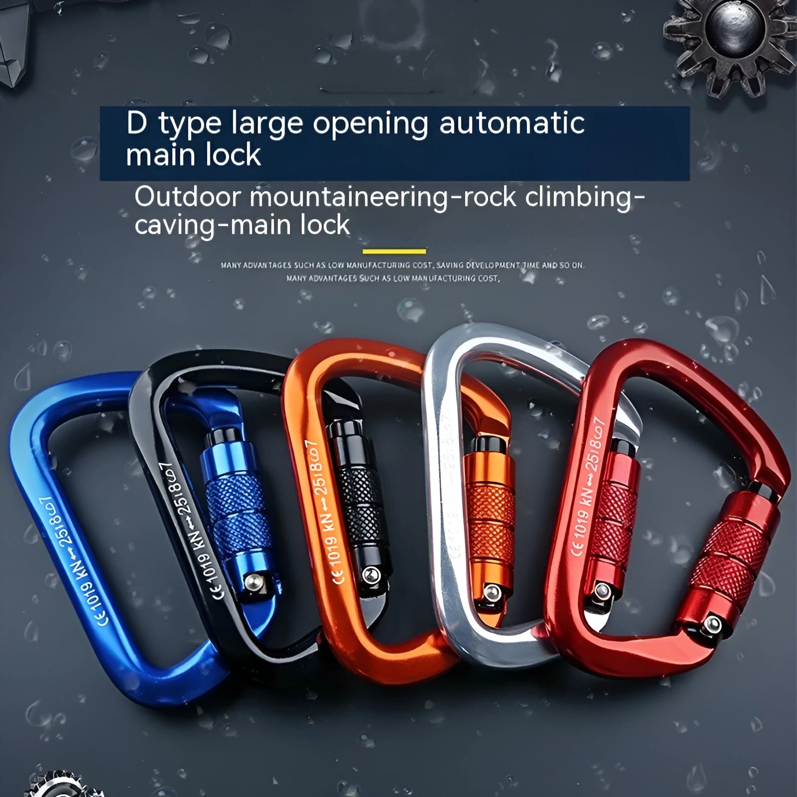 D-shaped steel climbing carabiner main lock shown in multiple colour options including orange, blue, and red.