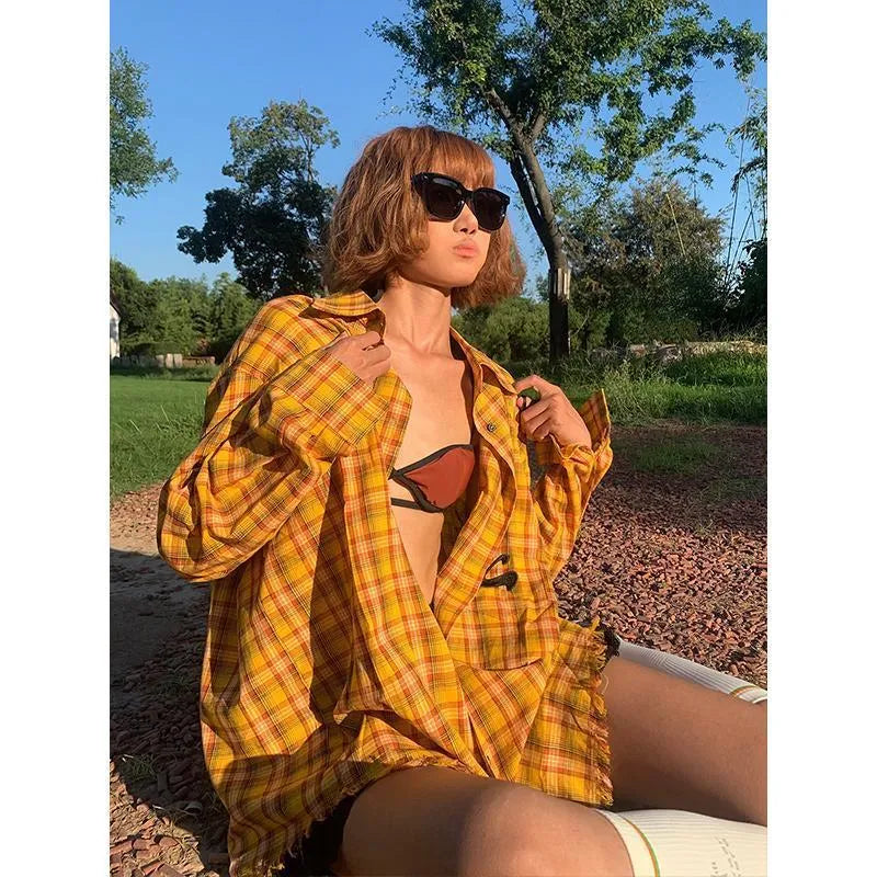 Original American dopamine yellow plaid shirt in loose cardigan style with polyester fibre blend fabric