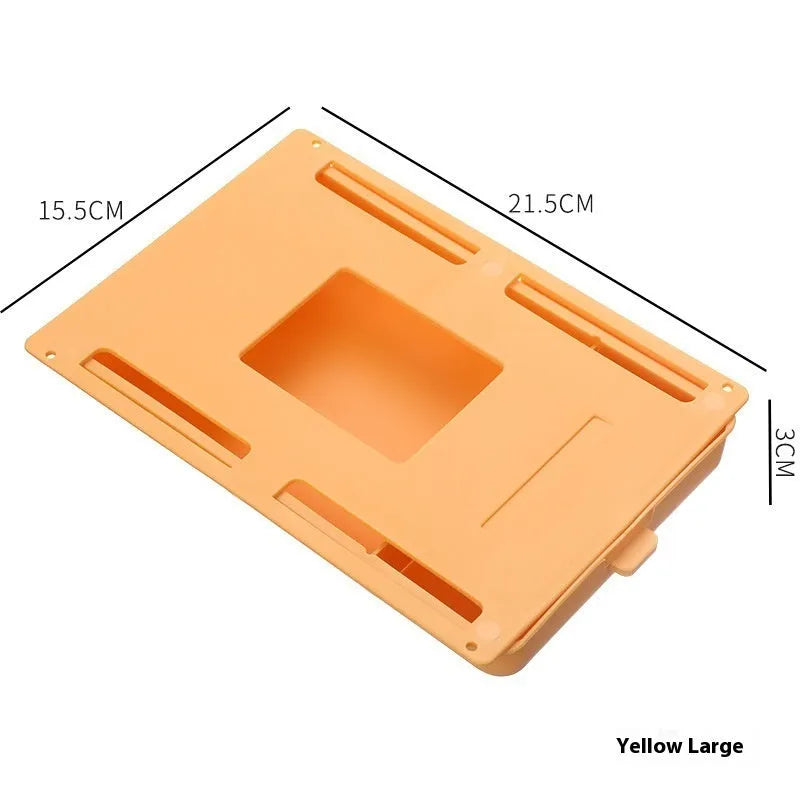 Plastic storage box with adhesive base for mounting under a table