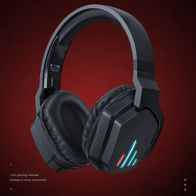 Luminous black wireless gaming headphones with head-mounted design showing LED lighting elements