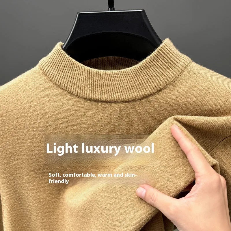 Men's solid colour fine wool half turtleneck long sleeve pullover on a hanger