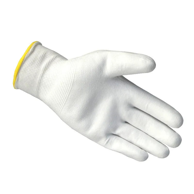 White PU coated labour gloves showing flexible construction and 24 cm length.