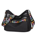 Soft oxford cloth crossbody shoulder bag with multiple pockets, letter stitching, available in black and red
