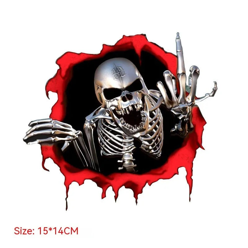Metal skull design reflective bumper sticker with colourful broken shell texture, 15cm x 14cm PET vinyl