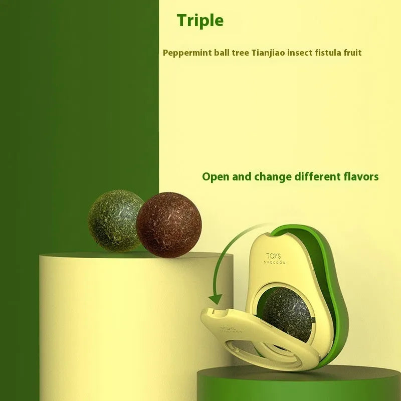 Plastic catnip ball toy in assorted colours with a textured surface for feline teeth cleaning.