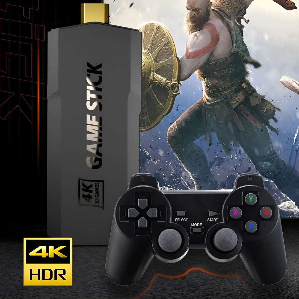 Compact black ABS wireless game console with handle, placed next to HDMI and charging cables on a surface.