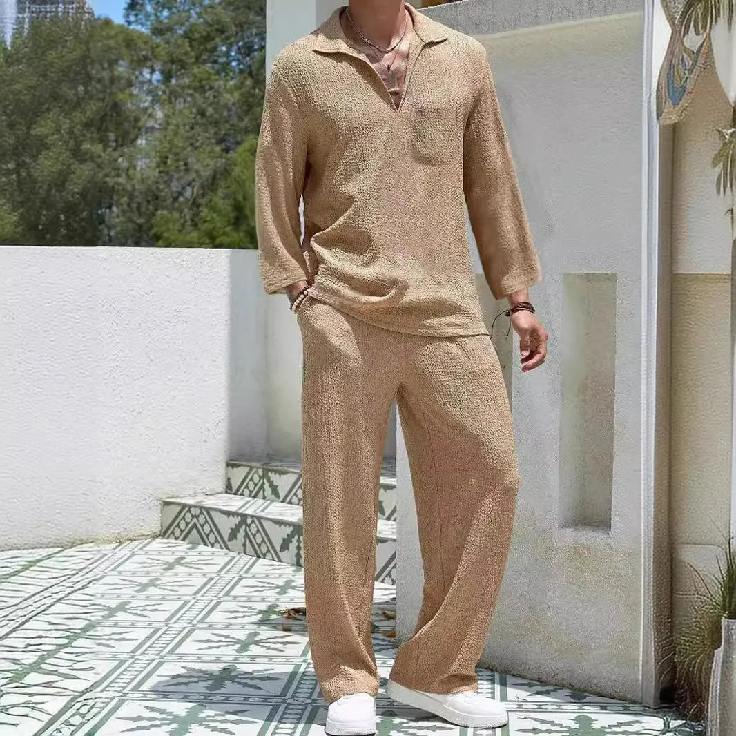 Men's casual polyester commuter suit with shirt and trousers in lake blue, khaki, black, or caramel colours