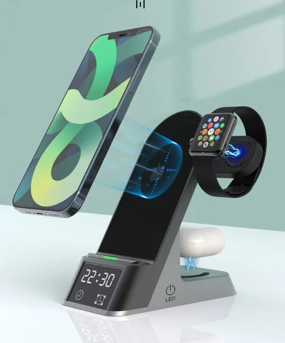 Black multifunctional alarm clock wireless charger showing digital display and charging pads for phone, watch, and earbuds