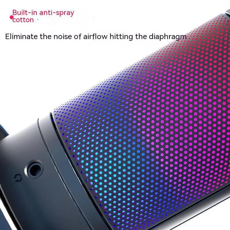 USB condenser microphone with RGB lighting in black, white, and pink colour options.